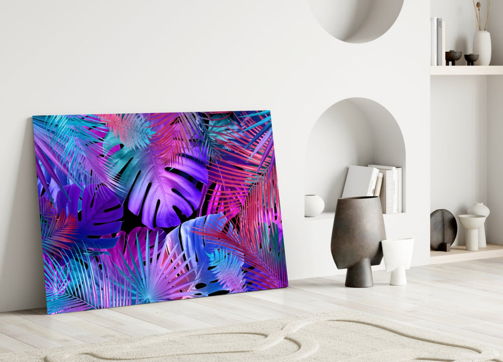 Tropical-modern blacklight foliage glass wall art in hospitality lounge entry