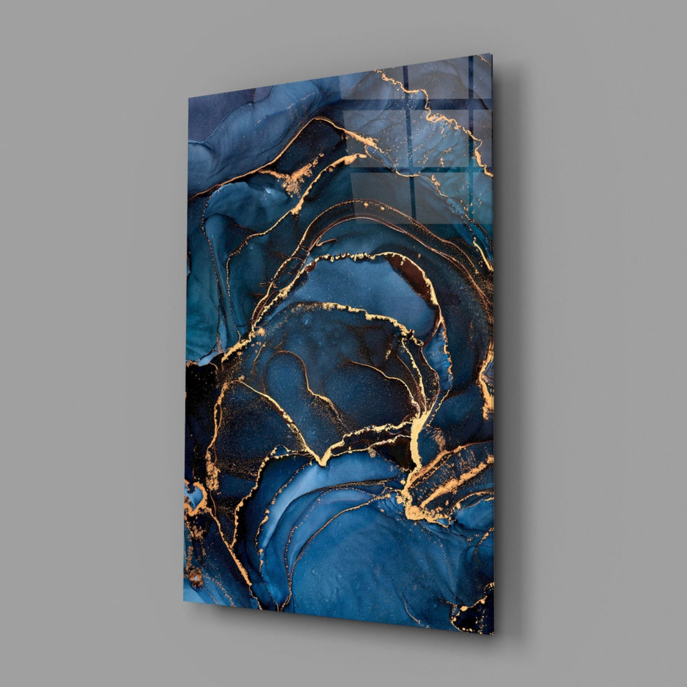 Sapphire-and-gold cinematic glass wall art beside designer bedroom doorway