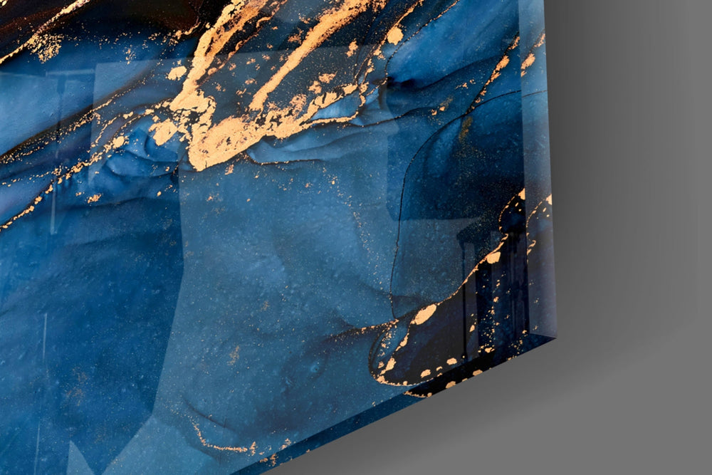 Indigo-marble vertical cinematic glass wall art in glamorous powder-room