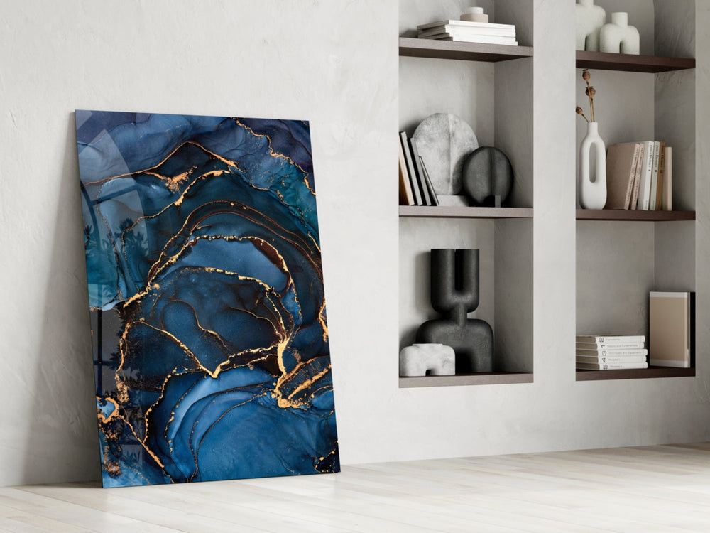 Sapphire calligraphy abstract glass wall art over modern hall console