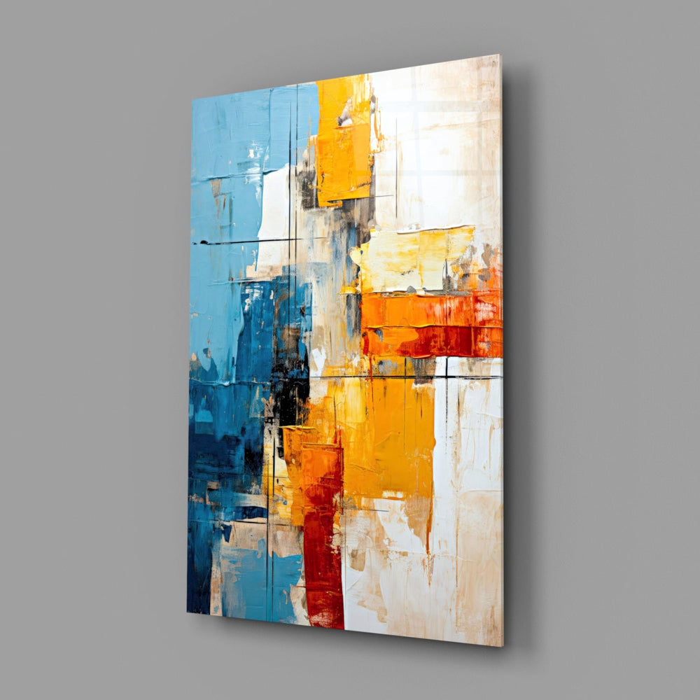 Rothko-style cinematic glass wall art over walnut console in creative office