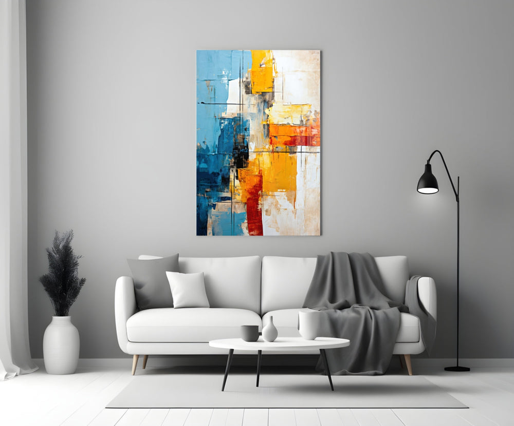 Painterly color-block cinematic glass wall art over master-bedroom headboard