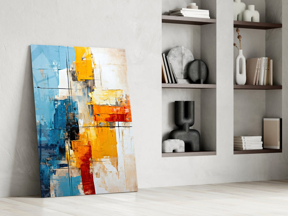 Distressed-urban color-block abstract over modern dining sideboard