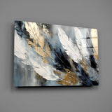 Painterly feather still-life cinematic glass wall art over walnut dining sideboard