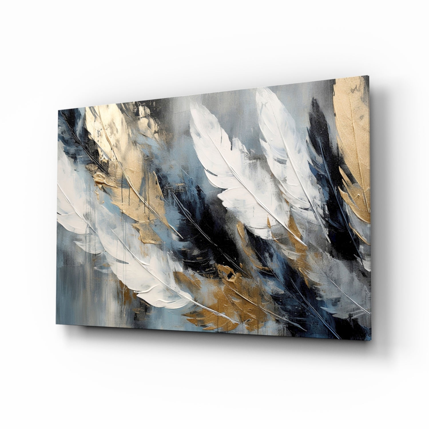 White gold feathers impasto glass wall art above velvet headboard in glamorous bedroom