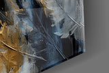 Charcoal-and-gold feather glass wall art in boutique-hotel lounge