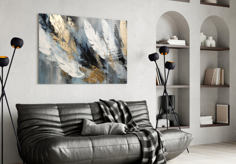 Three-feather impasto cinematic glass wall art in heritage hallway