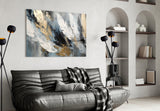Three-feather impasto cinematic glass wall art in heritage hallway