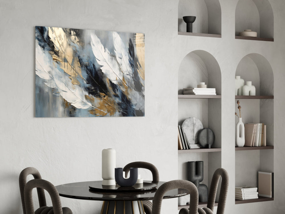 Sculptural feather painterly glass wall art in luxury powder-room