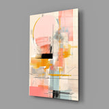 Coral-and-marigold studio collage glass wall art in creative office reading nook