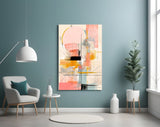 Soft-pink and charcoal cinematic glass wall art over master-bedroom headboard