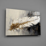 Painterly feather still-life cinematic glass wall art over walnut dining sideboard