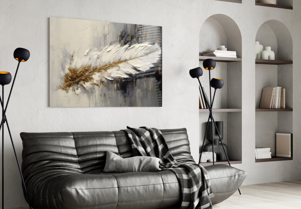 Antique-gold quill cinematic glass wall art in heritage hallway