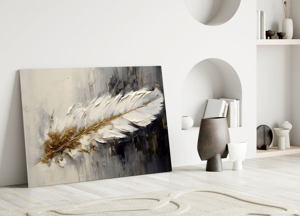 Single-feather painterly glass wall art over linen sofa in designer lounge