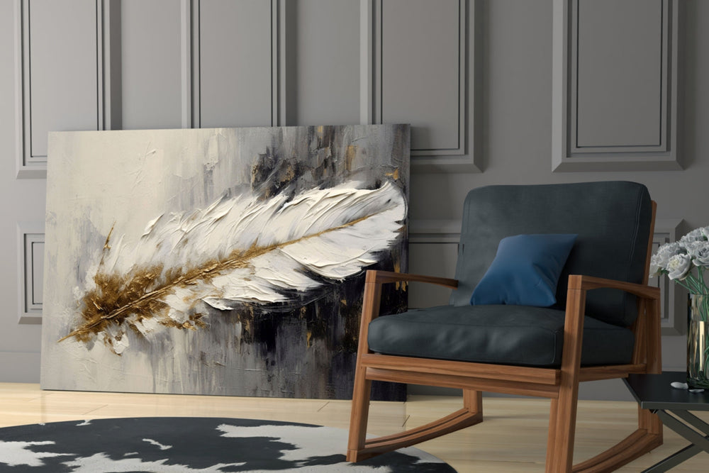 Ivory-and-gold feather cinematic glass wall art over modern bar cabinet