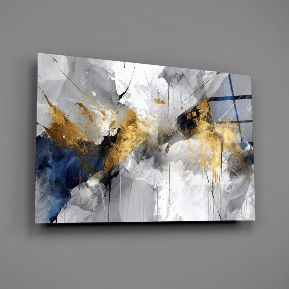 Saffron-gold and navy painterly cinematic glass wall art over walnut sideboard