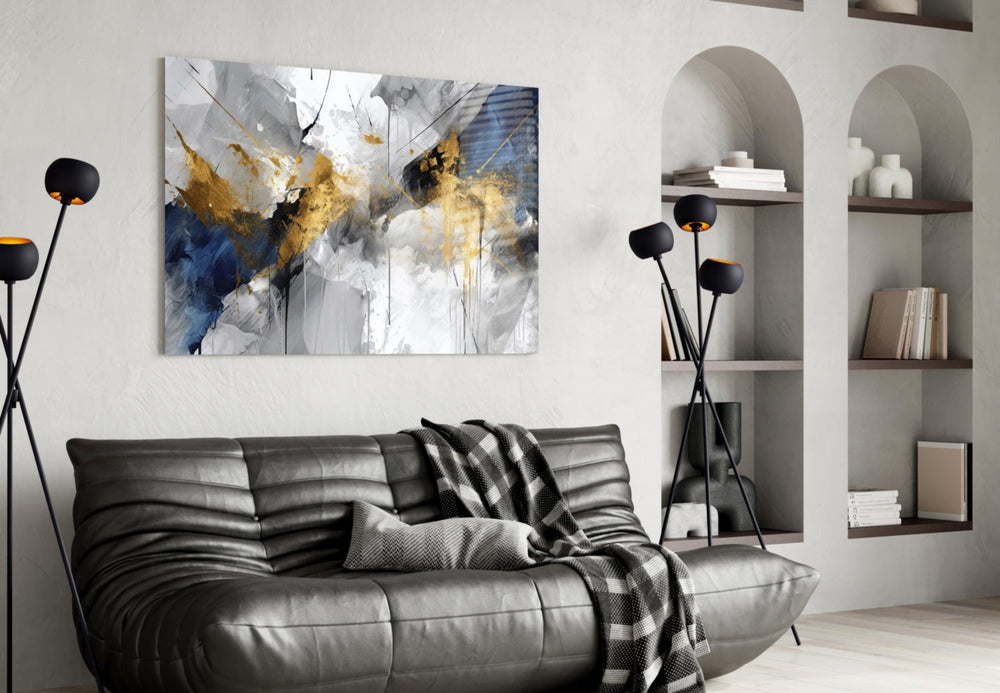 Painterly navy-gold cinematic glass wall art over master-bedroom headboard