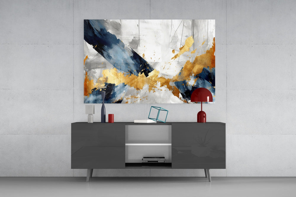Studio-gestural cinematic glass wall art in designer hallway