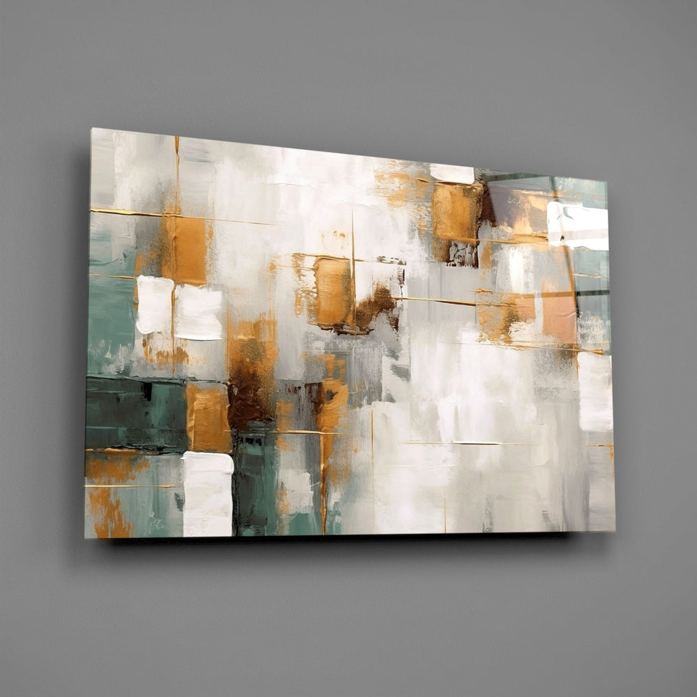 Patchwork plaster cinematic glass wall art over walnut dining sideboard