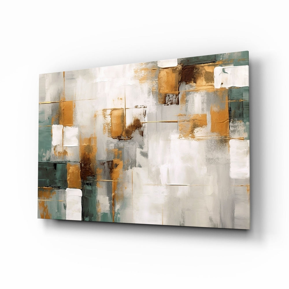 Pewter copper fresco abstract glass wall art above linen sofa in designer lounge
