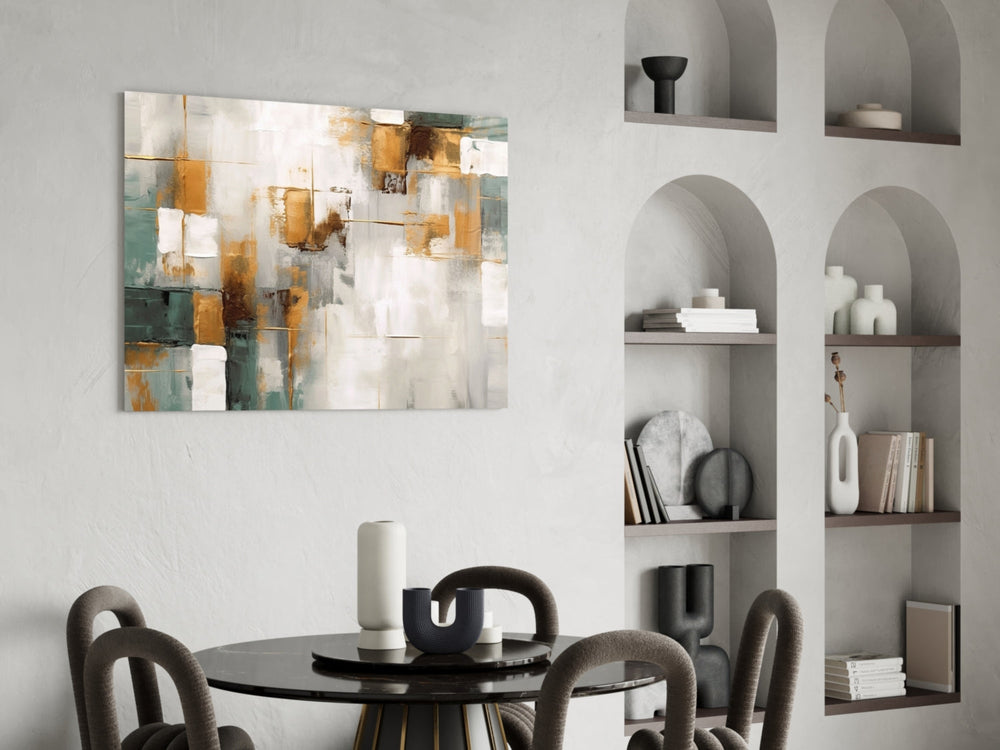 Copper-and-ivory plaster cinematic glass wall art in heritage library
