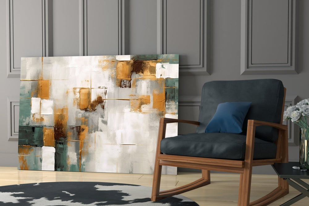 Forest-green block abstract over modern dining sideboard