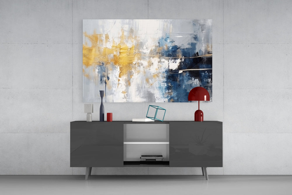 Gestural studio cinematic glass wall art in designer hallway