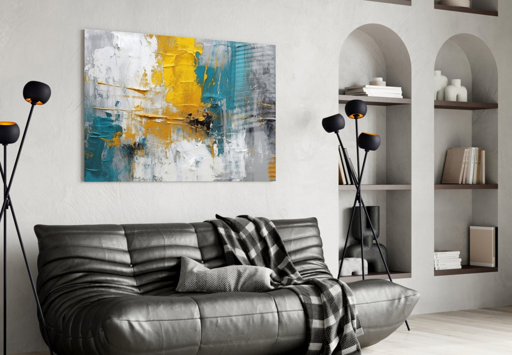 Expressionist studio painterly glass wall art in boutique-hotel reception