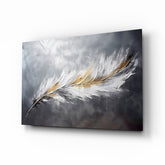 Pearl gold feather impasto glass wall art above velvet headboard in glamorous bedroom