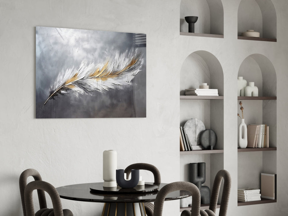 Sculptural impasto feather cinematic glass wall art in luxury powder-room