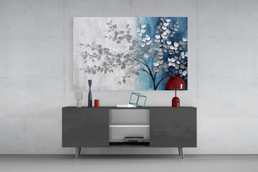 Silver tree painterly cinematic glass wall art in glamorous library