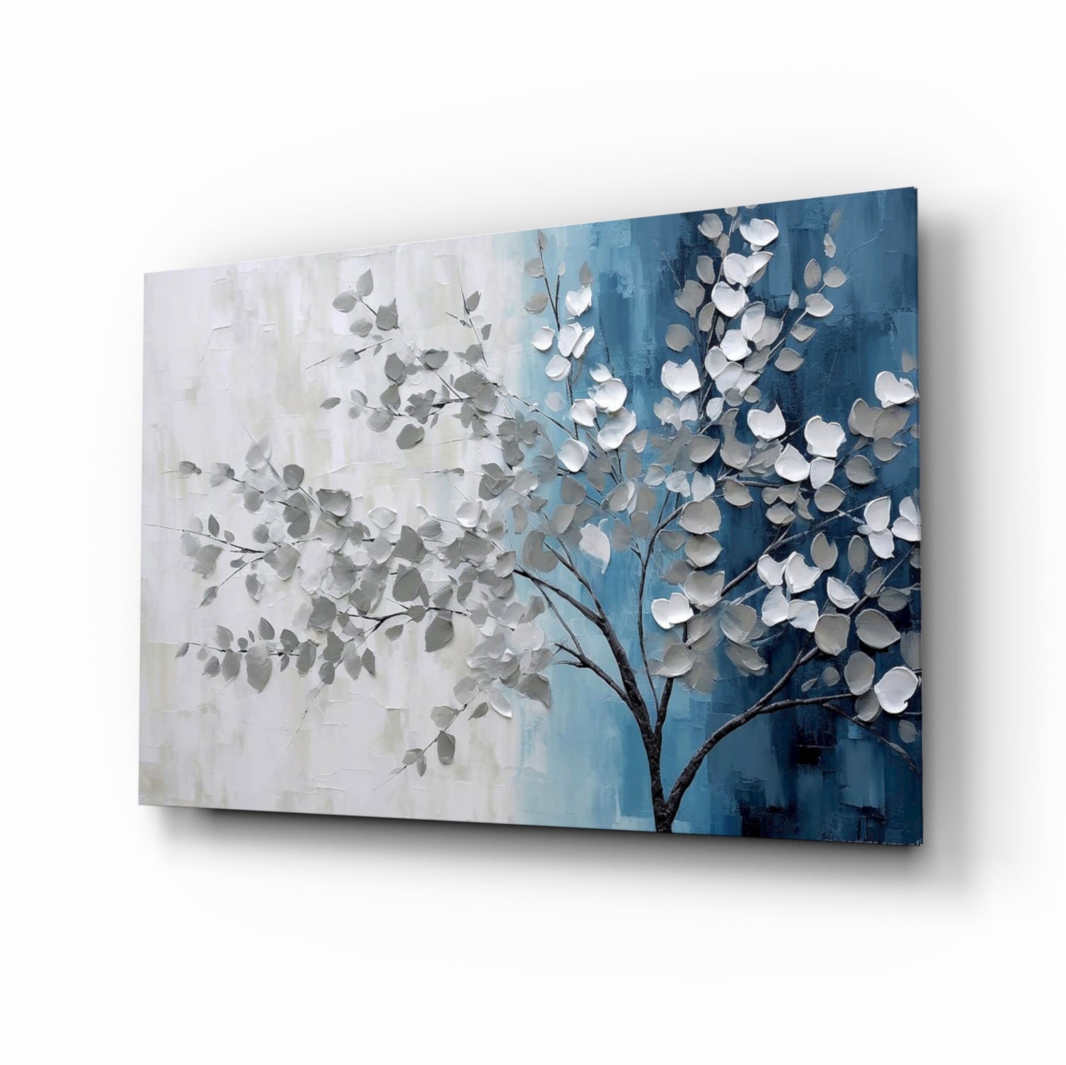 Silver blossom tree painterly cinematic glass wall art above velvet headboard
