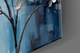 Painterly silver-tree cinematic glass wall art in boutique-hotel suite