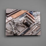 Straight razor and badger brush glass wall art over walnut console in man-cave dressing room