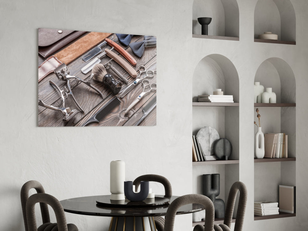 Editorial-photo barber-bench glass wall art in study reading nook
