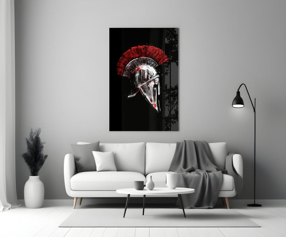 Crimson-and-onyx warrior cinematic glass wall art over master-bedroom headboard