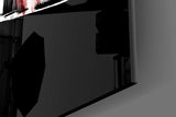 Knight ink-painted cinematic glass wall art over walnut bar cabinet