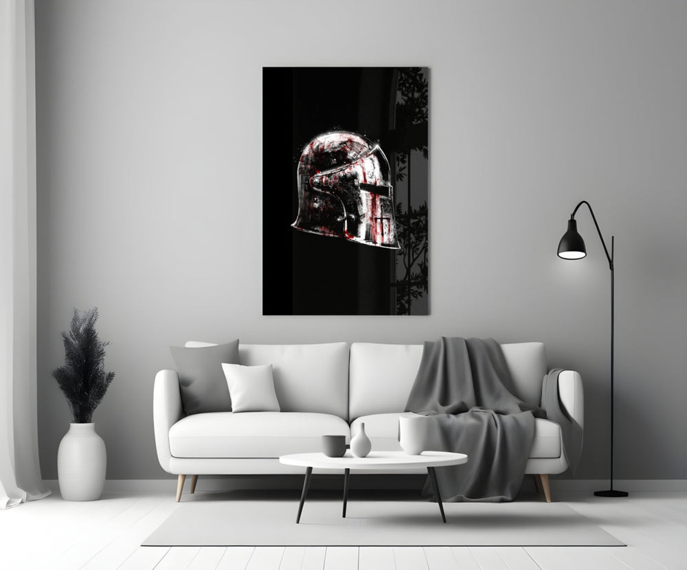 Crimson-and-silver helm cinematic glass wall art over master-bedroom headboard
