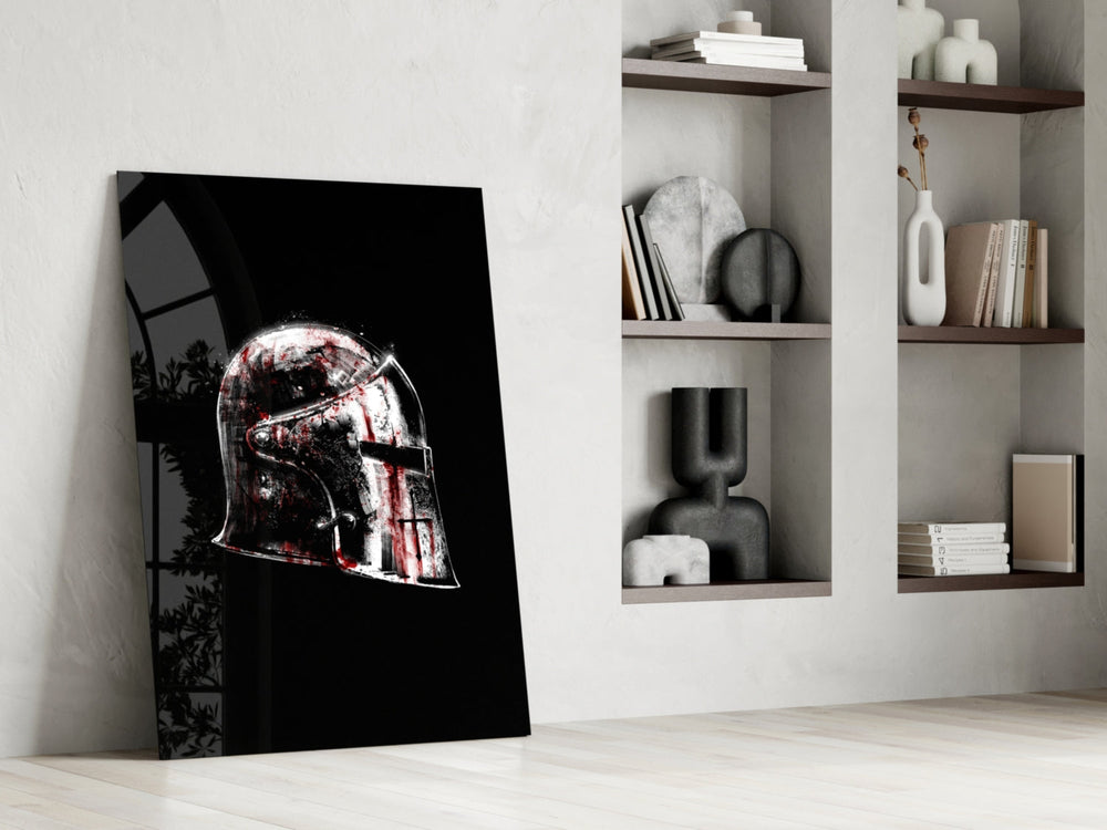 Battle-scarred crusader glass wall art in gentleman's hallway