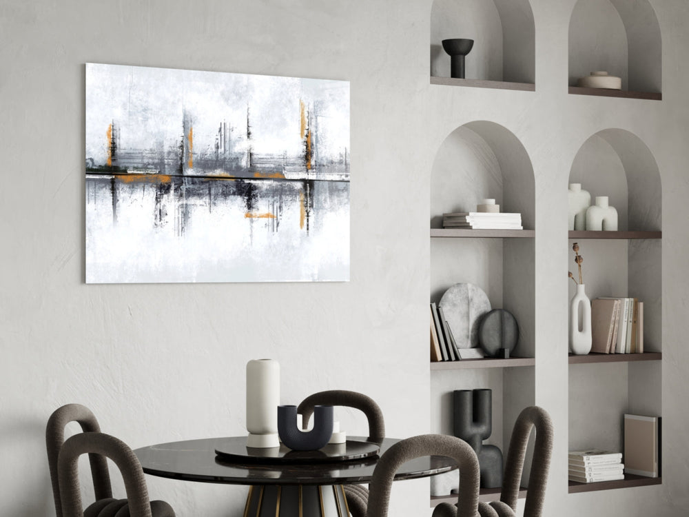 Ivory-and-pewter ghost-city glass wall art in heritage library