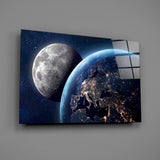 European city-lights cosmic glass wall art over walnut console in tech-firm office
