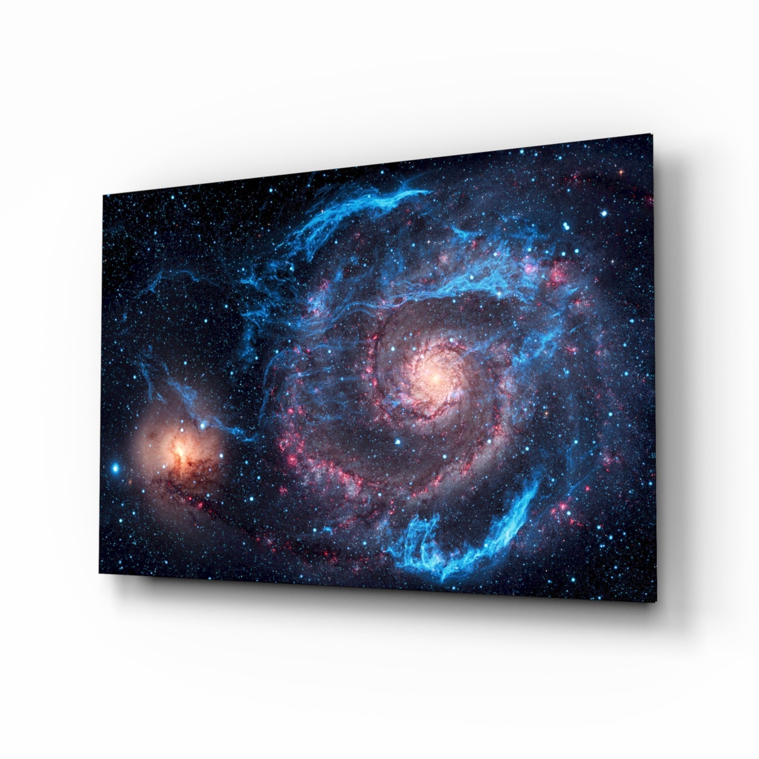 Whirlpool galaxy nebula cinematic glass wall art above leather sofa in study
