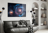 Cosmic spiral pinwheel glass wall art in science-themed library