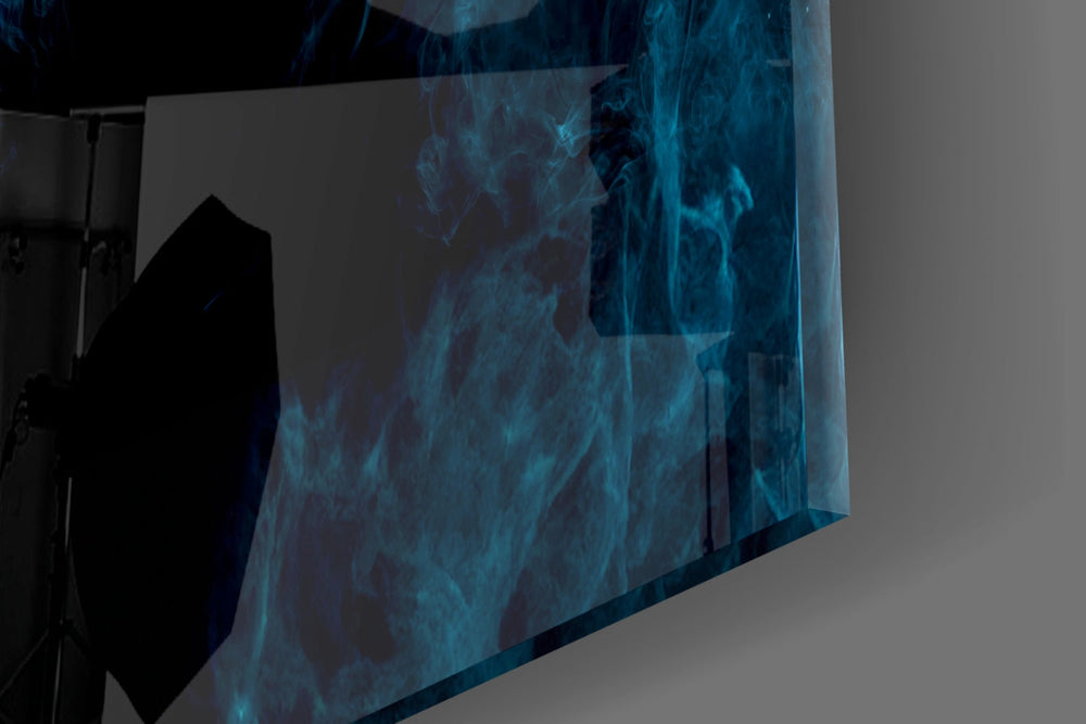 Cyan-and-smoke cinematic glass wall art in dramatic music room
