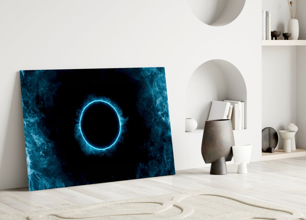 Stage-light eclipse cinematic glass wall art in hospitality lounge entry