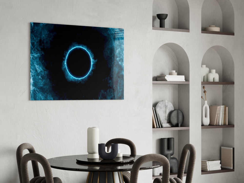 Electric-cyan portal cinematic glass wall art over master-bedroom headboard
