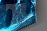 Cyan smoke-and-ring portal cinematic glass wall art in dramatic music room