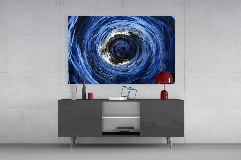 Documentary sea-swirl cinematic glass wall art in modern home office