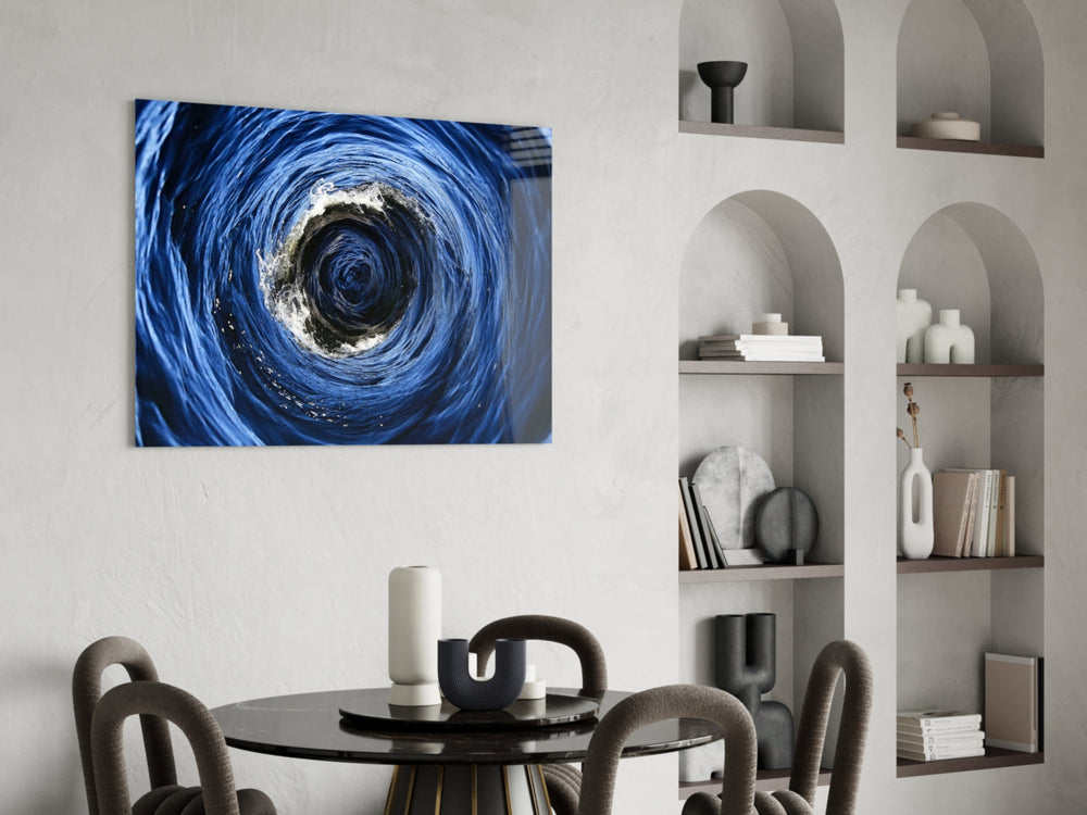Drone marine photography cinematic glass wall art in study-themed hallway