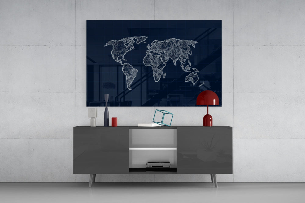 Cartographic chart cinematic glass wall art in executive home office